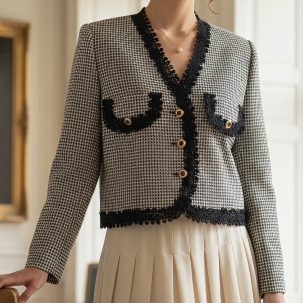 Beechers Brook M Vintage Old Money Timeless Classic Houndstooth Lace Crop Blazer